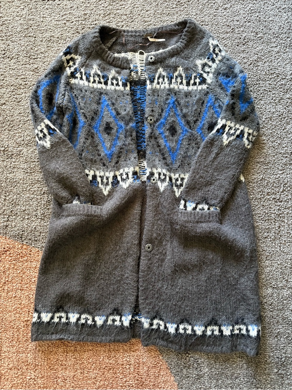 FREE PEOPLE Frosted Fair Isle Mohair Wool Blend Duster Sweater M Gray Blue Boho